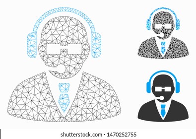 Mesh support manager model with triangle mosaic icon. Wire carcass triangular network of support manager. Vector mosaic of triangle parts in various sizes, and color shades.