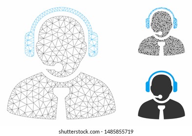 Mesh support manager model with triangle mosaic icon. Wire carcass triangular mesh of support manager. Vector composition of triangle parts in variable sizes, and color tones.