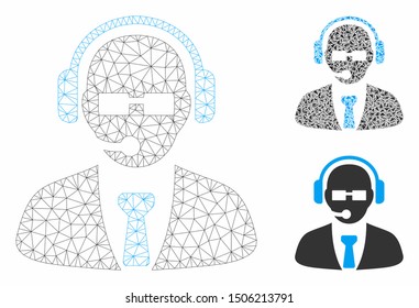 Mesh support manager model with triangle mosaic icon. Wire carcass triangular mesh of support manager. Vector composition of triangle parts in various sizes, and color hues.