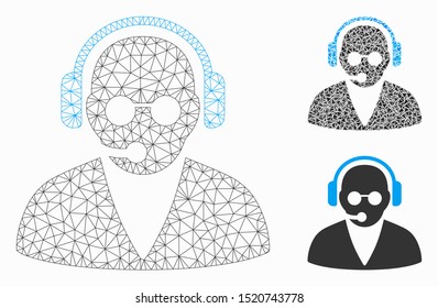 Mesh support operator model with triangle mosaic icon. Wire frame polygonal network of support operator. Vector mosaic of triangle elements in various sizes, and color tones.