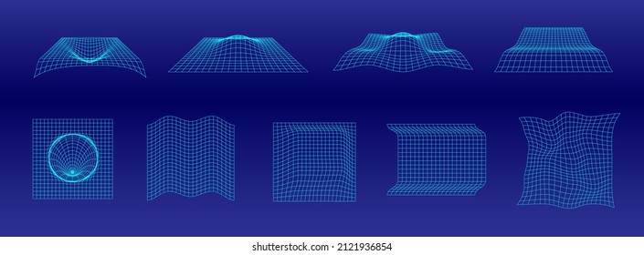 Mesh surface set, cyberpunk style illustration blank set, mesh curved surface templates, perspective surface mesh, wave grid template