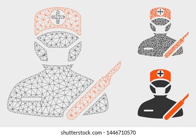 Mesh surgeon model with triangle mosaic icon. Wire carcass polygonal mesh of surgeon. Vector mosaic of triangle parts in different sizes, and color hues. Abstract flat mesh surgeon,