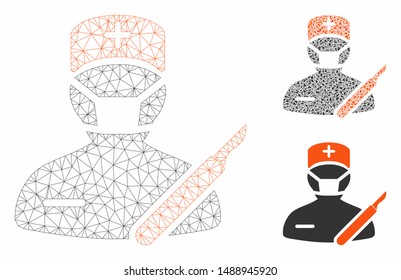 Mesh surgeon model with triangle mosaic icon. Wire frame triangular network of surgeon. Vector mosaic of triangles in variable sizes, and color hues. Abstract flat mesh surgeon,