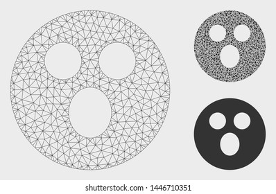 Mesh surprized smiley model with triangle mosaic icon. Wire frame polygonal mesh of surprized smiley. Vector mosaic of triangle parts in variable sizes, and color tints.