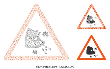 Mesh swine flu warning model with triangle mosaic icon. Wire carcass polygonal mesh of swine flu warning. Vector mosaic of triangle parts in variable sizes, and color shades.