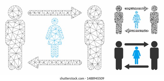 Mesh swingers exchange girl model with triangle mosaic icon. Wire carcass triangular mesh of swingers exchange girl. Vector mosaic of triangle parts in various sizes, and color tinges.