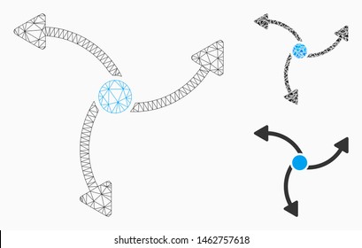 Mesh swirl direction model with triangle mosaic icon. Wire frame polygonal mesh of swirl direction. Vector collage of triangle parts in various sizes, and color tints.