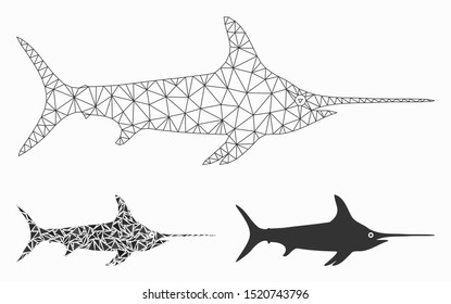 Mesh sword fish model with triangle mosaic icon. Wire carcass polygonal mesh of sword fish. Vector mosaic of triangle elements in various sizes, and color shades. Abstract flat mesh sword fish,