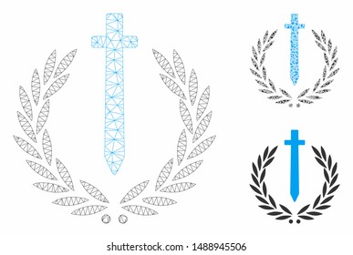 Mesh sword honor embleme model with triangle mosaic icon. Wire carcass triangular mesh of sword honor embleme. Vector mosaic of triangle parts in various sizes, and color shades.