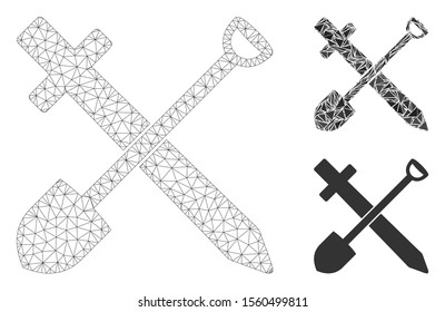 Mesh sword and shovel model with triangle mosaic icon. Wire frame polygonal mesh of sword and shovel. Vector composition of triangle elements in different sizes, and color tinges.