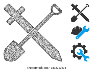 Mesh sword and shovel polygonal web icon vector illustration. Model is created from sword and shovel flat icon. Triangle network forms abstract sword and shovel flat model.