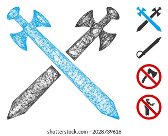Ilustración vectorial de icono de malla espadas web. El modelo de canal se basa en un icono plano de espadas. Formas de red modelo plano de espadas abstractas. Red web de marco de cable 2D aislada en un fondo blanco.