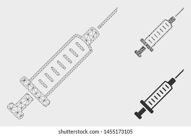Mesh syringe model with triangle mosaic icon. Wire carcass triangular mesh of syringe. Vector composition of triangle elements in various sizes, and color tints. Abstract 2d mesh syringe,