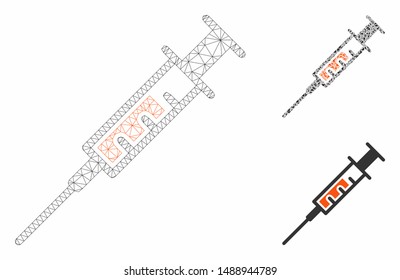 Mesh syringe model with triangle mosaic icon. Wire frame polygonal network of syringe. Vector mosaic of triangle elements in different sizes, and color shades. Abstract flat mesh syringe,
