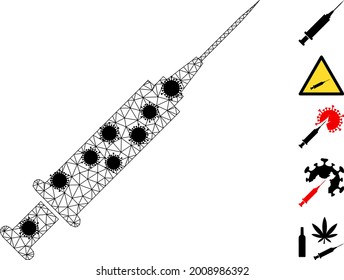 Mesh syringe polygonal 2d vector illustration, with black infection items. Carcass model is based on syringe flat icon, with infection items and polygonal mesh.