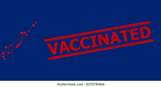 Polygonale Mesh-Ikone Vektorgrafik und rotes VACCINTED-Grunge-Siegel. Die Abstraktion wird aus dem flachen Symbol der Spritze mit Sternen und polygonalen Maschen erzeugt.