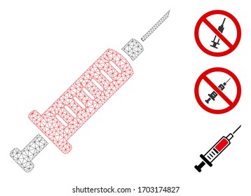 Mesh syringe polygonal symbol vector illustration. Carcass model is based on syringe flat icon. Triangular network forms abstract syringe flat carcass.