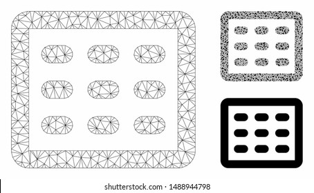 Mesh table grid model with triangle mosaic icon. Wire carcass triangular mesh of table grid. Vector mosaic of triangle elements in various sizes, and color shades. Abstract flat mesh table grid,