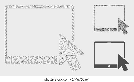 Mesh tablet arrow pointer model with triangle mosaic icon. Wire frame triangular mesh of tablet arrow pointer. Vector composition of triangle elements in various sizes, and color shades.