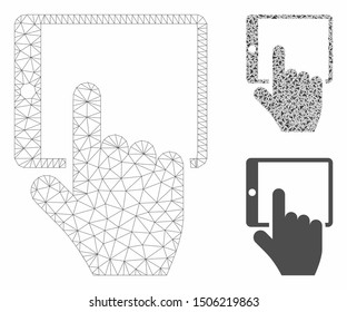 Mesh tablet point model with triangle mosaic icon. Wire frame polygonal mesh of tablet point. Vector composition of triangle parts in different sizes, and color hues. Abstract 2d mesh tablet point,