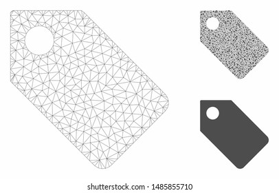 Mesh tag model with triangle mosaic icon. Wire frame triangular mesh of tag. Vector mosaic of triangles in different sizes, and color tones. Abstract 2d mesh tag, created from triangular grid.