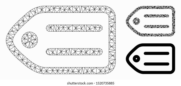 Mesh tag model with triangle mosaic icon. Wire carcass polygonal mesh of tag. Vector mosaic of triangle elements in various sizes, and color hues. Abstract flat mesh tag,