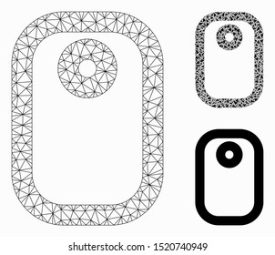 Mesh tag model with triangle mosaic icon. Wire carcass triangular mesh of tag. Vector mosaic of triangle parts in variable sizes, and color shades. Abstract flat mesh tag,
