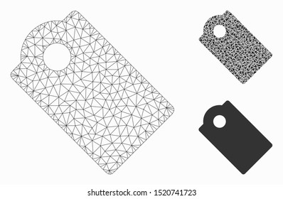 Mesh tag model with triangle mosaic icon. Wire carcass triangular mesh of tag. Vector mosaic of triangles in various sizes, and color hues. Abstract 2d mesh tag, built from triangles.