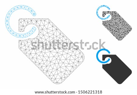 Mesh tag model with triangle mosaic icon. Wire carcass triangular mesh of tag. Vector mosaic of triangle parts in variable sizes, and color shades. Abstract 2d mesh tag, built from triangles.