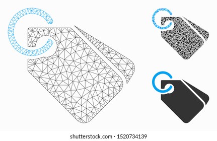 Mesh tags model with triangle mosaic icon. Wire frame polygonal mesh of tags. Vector mosaic of triangle parts in variable sizes, and color shades. Abstract flat mesh tags,