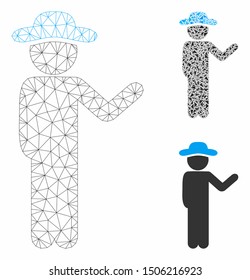 Mesh talking gentleman model with triangle mosaic icon. Wire carcass triangular mesh of talking gentleman. Vector mosaic of triangle parts in various sizes, and color tints.