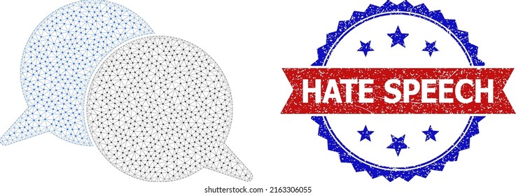 Mesh talking messages model icon, and bicolor unclean Hate Speech stamp. Mesh carcass image designed with talking messages icon.