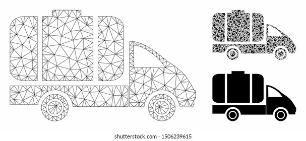 Mesh tank truck model with triangle mosaic icon. Wire carcass polygonal mesh of tank truck. Vector collage of triangle parts in different sizes, and color shades. Abstract flat mesh tank truck,