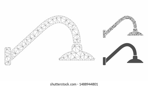 Mesh tap mixer model with triangle mosaic icon. Wire carcass polygonal network of tap mixer. Vector mosaic of triangle parts in variable sizes, and color hues. Abstract 2d mesh tap mixer,
