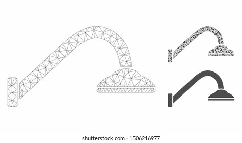 Mesh tap mixer model with triangle mosaic icon. Wire carcass polygonal mesh of tap mixer. Vector composition of triangle elements in different sizes, and color tones. Abstract flat mesh tap mixer,