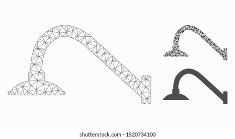 Mesh tap mixer model with triangle mosaic icon. Wire carcass polygonal mesh of tap mixer. Vector mosaic of triangle parts in different sizes, and color tints. Abstract flat mesh tap mixer,