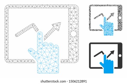 Mesh tap trend on PDA model with triangle mosaic icon. Wire carcass polygonal mesh of tap trend on PDA. Vector composition of triangle parts in various sizes, and color hues.