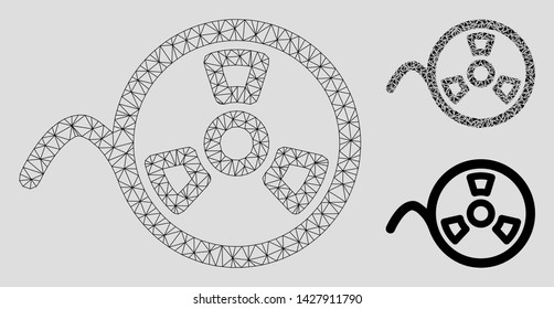 Mesh tape roll model with triangle mosaic icon. Wire frame triangular mesh of tape roll. Vector mosaic of triangles in variable sizes, and color tones. Abstract flat mesh tape roll,