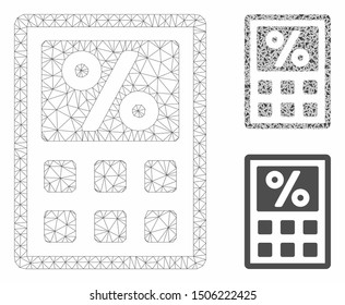 Mesh tax calculator model with triangle mosaic icon. Wire carcass polygonal mesh of tax calculator. Vector composition of triangle elements in various sizes, and color shades.