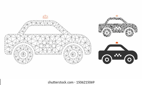 Mesh taxi car model with triangle mosaic icon. Wire carcass polygonal mesh of taxi car. Vector mosaic of triangle elements in different sizes, and color hues. Abstract flat mesh taxi car,