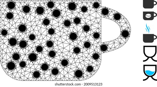 Mesh tea cup polygonal 2d vector illustration, with black virus centers. Abstraction is based on tea cup flat icon, with infection centers and polygonal net.