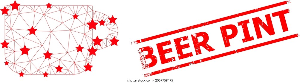 Ilustración vectorial de ícono poligonal del taza de té de malla, y sello de goma rojo BEER PINT. El modelo de canal se crea a partir de un icono plano de taza de té, con estrellas y red triangular.