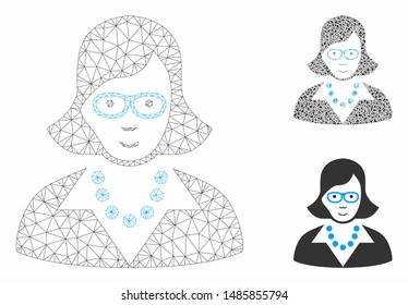 Mesh teacher lady model with triangle mosaic icon. Wire frame polygonal mesh of teacher lady. Vector mosaic of triangle parts in various sizes, and color tinges. Abstract 2d mesh teacher lady,