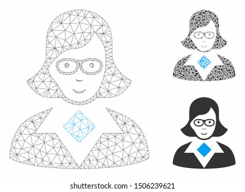 Mesh teacher lady model with triangle mosaic icon. Wire frame triangular mesh of teacher lady. Vector mosaic of triangle parts in various sizes, and color tones. Abstract 2d mesh teacher lady,