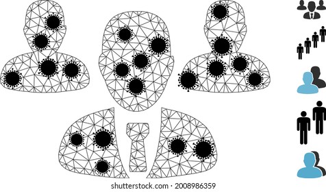 Mesh team staff polygonal 2d vector illustration, with black coronavirus items. Model is based on team staff flat icon, with covid items and triangle mesh.