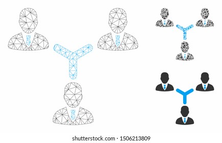 Mesh teamwork model with triangle mosaic icon. Wire carcass triangular mesh of teamwork. Vector mosaic of triangle elements in various sizes, and color hues. Abstract 2d mesh teamwork,