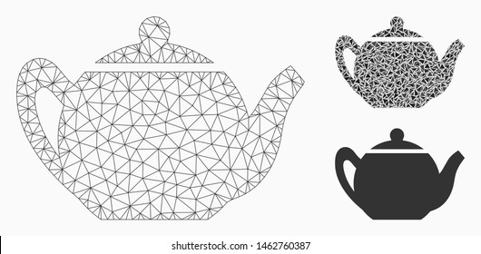 Mesh teapot model with triangle mosaic icon. Wire carcass triangular network of teapot. Vector mosaic of triangles in different sizes, and color tinges. Abstract flat mesh teapot,