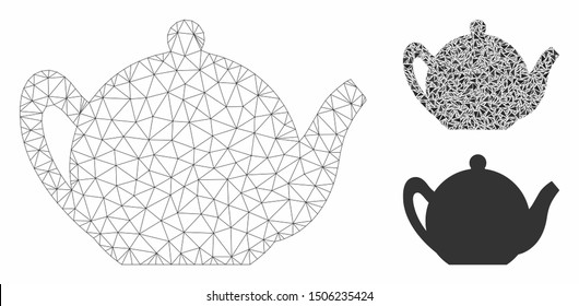 Mesh teapot model with triangle mosaic icon. Wire frame triangular mesh of teapot. Vector mosaic of triangle elements in variable sizes, and color tones. Abstract 2d mesh teapot,