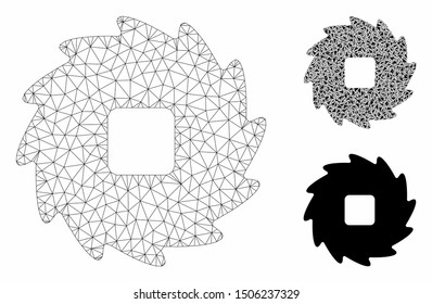 Mesh teeth ratchet wheel model with triangle mosaic icon. Wire carcass triangular mesh of teeth ratchet wheel. Vector mosaic of triangle elements in various sizes, and color tints.