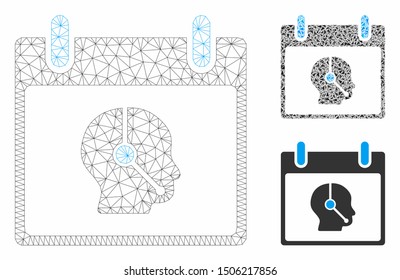 Mesh telemarketing operator calendar day model with triangle mosaic icon. Wire frame triangular network of telemarketing operator calendar day. Vector mosaic of triangle parts in various sizes,